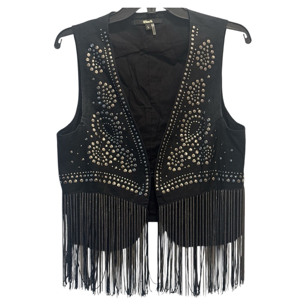 Black Western Fringe Vest with Silver Accents